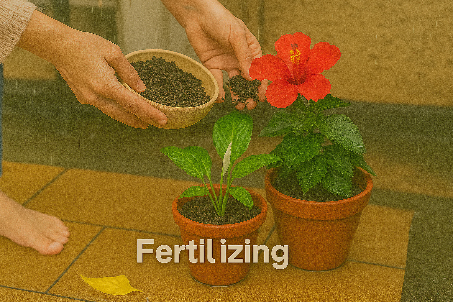 Fertilizing balcony plants during monsoon – gardener adding compost to hibiscus and peace lily in terracotta pots on a rain-soaked Indian balcony
